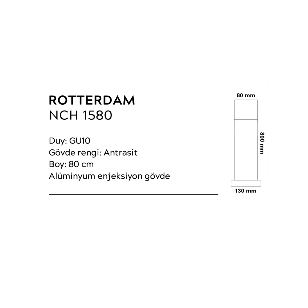 Elektrikpark Noche Rotterdam (NCH 1580) 80 cm Dış Mekan Aydınlatma Direği – GU10’lu Yüksek Bahçe Bollard